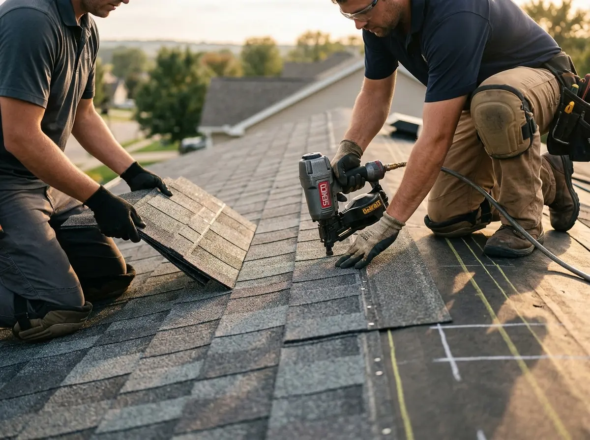 Professional roofer working on a residential roof in Tellico Village
